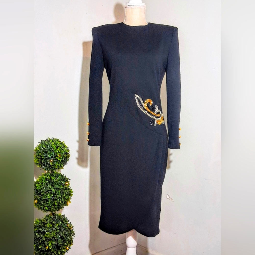 Caron Chicago Vintage Black Long Sleeve Dress - Gold Buttons - Sequin Paisley